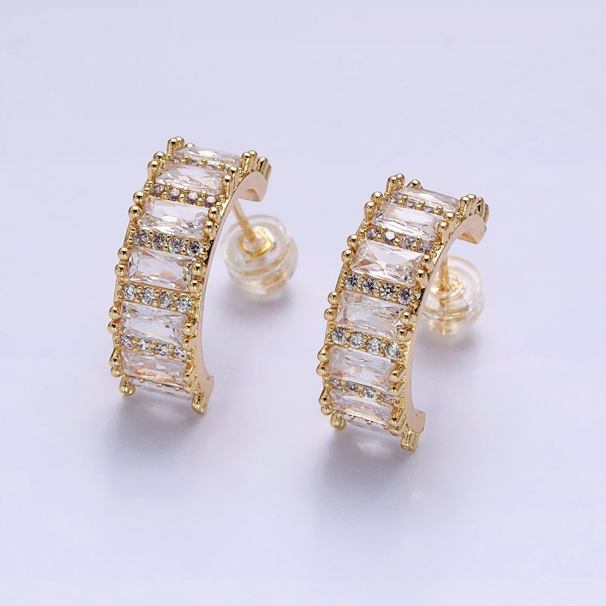 Silver, Gold 16.5mm Clear Baguette Micro Paved CZ Band C-Shaped Gold Stud Hoops Earrings | AB802 AB830 - DLUXCA