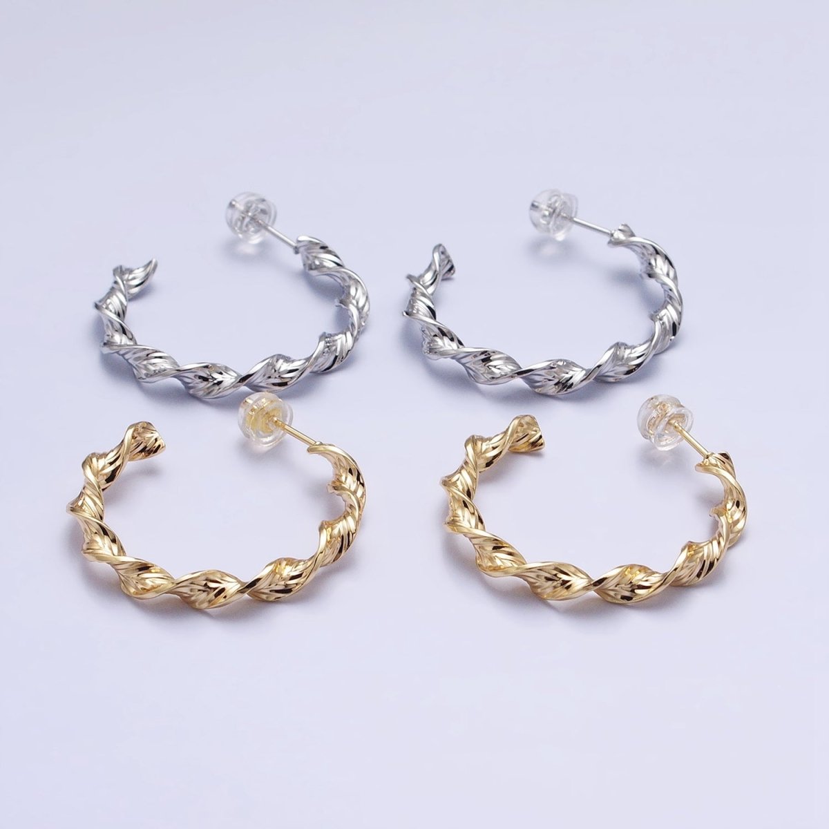 Silver, Gold 30mm Twisted Line Leaf Textured C-Shaped Hoop Earrings | AB852 AB884 - DLUXCA