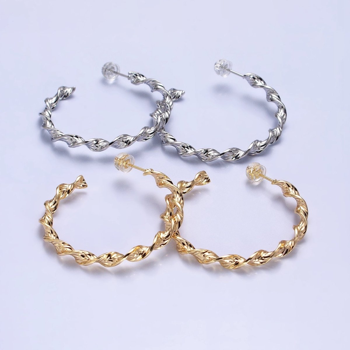 Silver, Gold 40mm Twisted Line Leaf Textured C-Shaped Hoop Earrings | AB851 AB887 - DLUXCA
