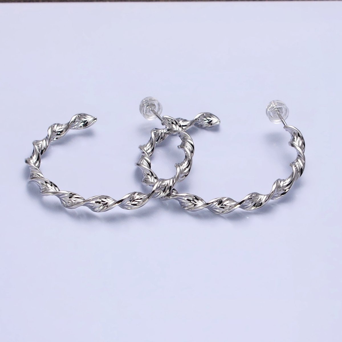 Silver, Gold 40mm Twisted Line Leaf Textured C-Shaped Hoop Earrings | AB851 AB887 - DLUXCA