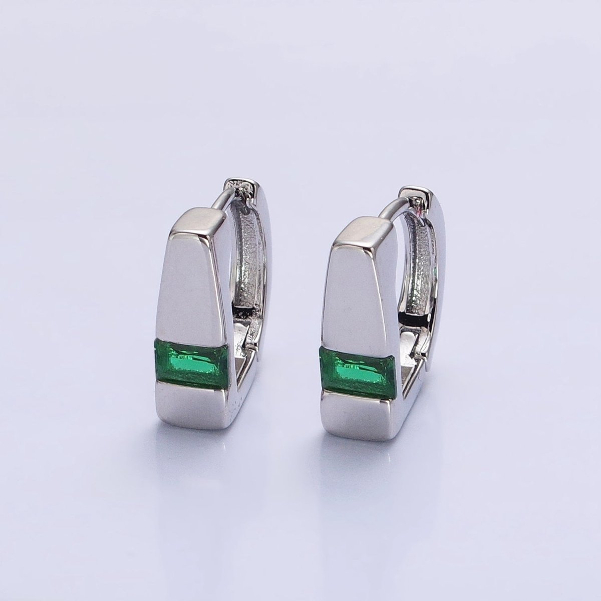 Silver, Gold Baguette Green CZ Geometric D-Shaped Huggie Earrings | AB817 AB906 - DLUXCA