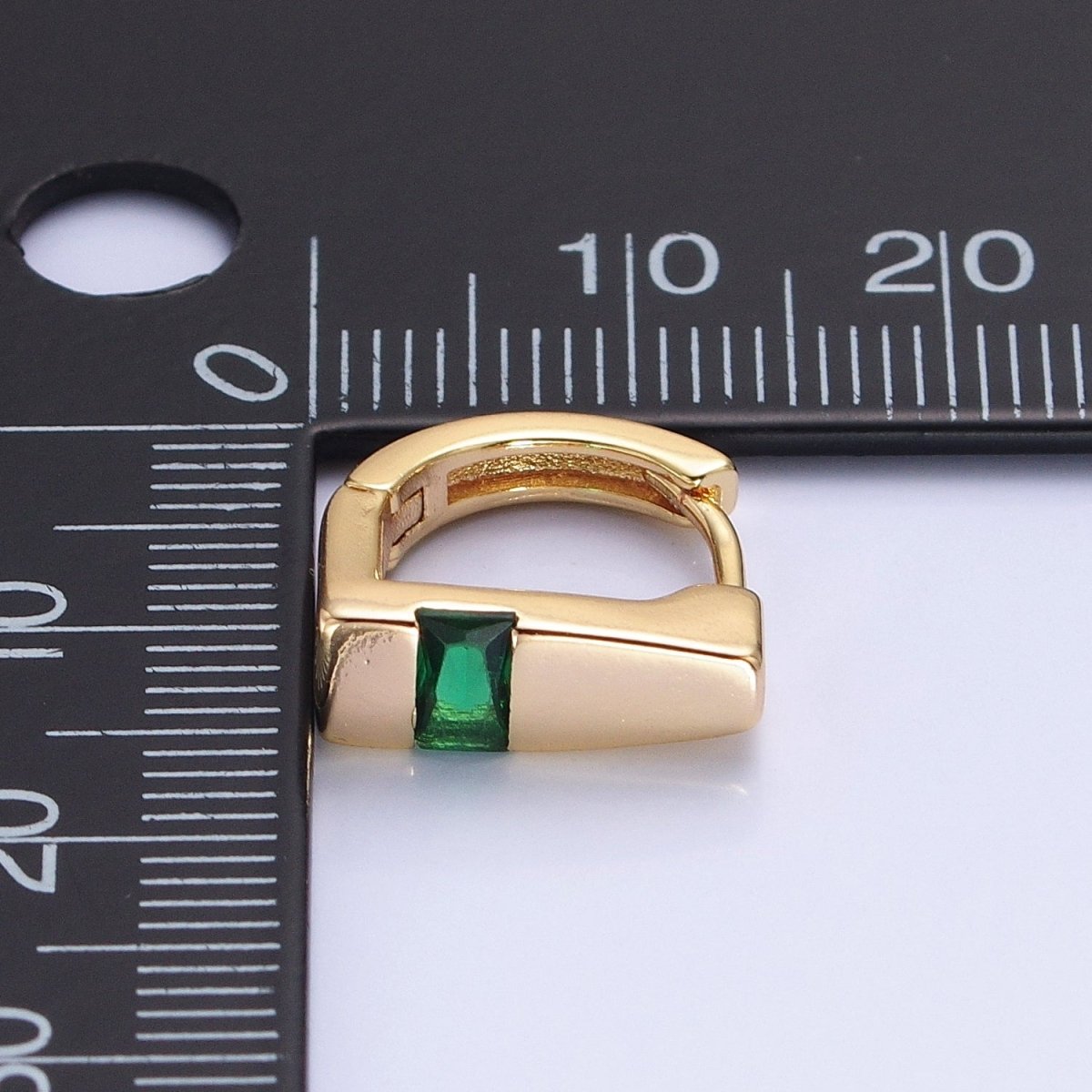 Silver, Gold Baguette Green CZ Geometric D-Shaped Huggie Earrings | AB817 AB906 - DLUXCA
