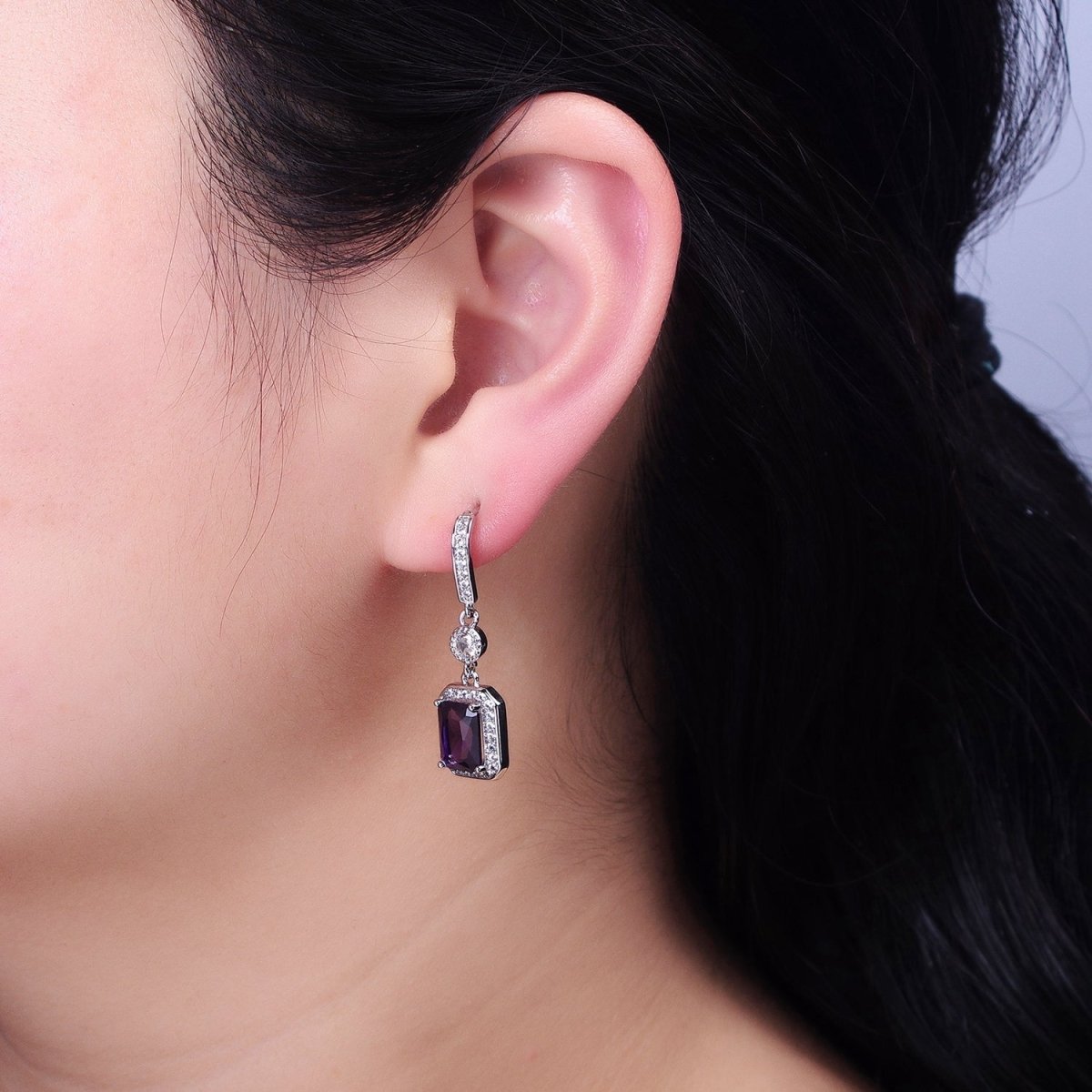 Silver, Gold Baguette Purple, Clear, Green, Red Blue Drop Dangle Micro Paved Bar Stud Earrings | AB987 - AB996 - DLUXCA