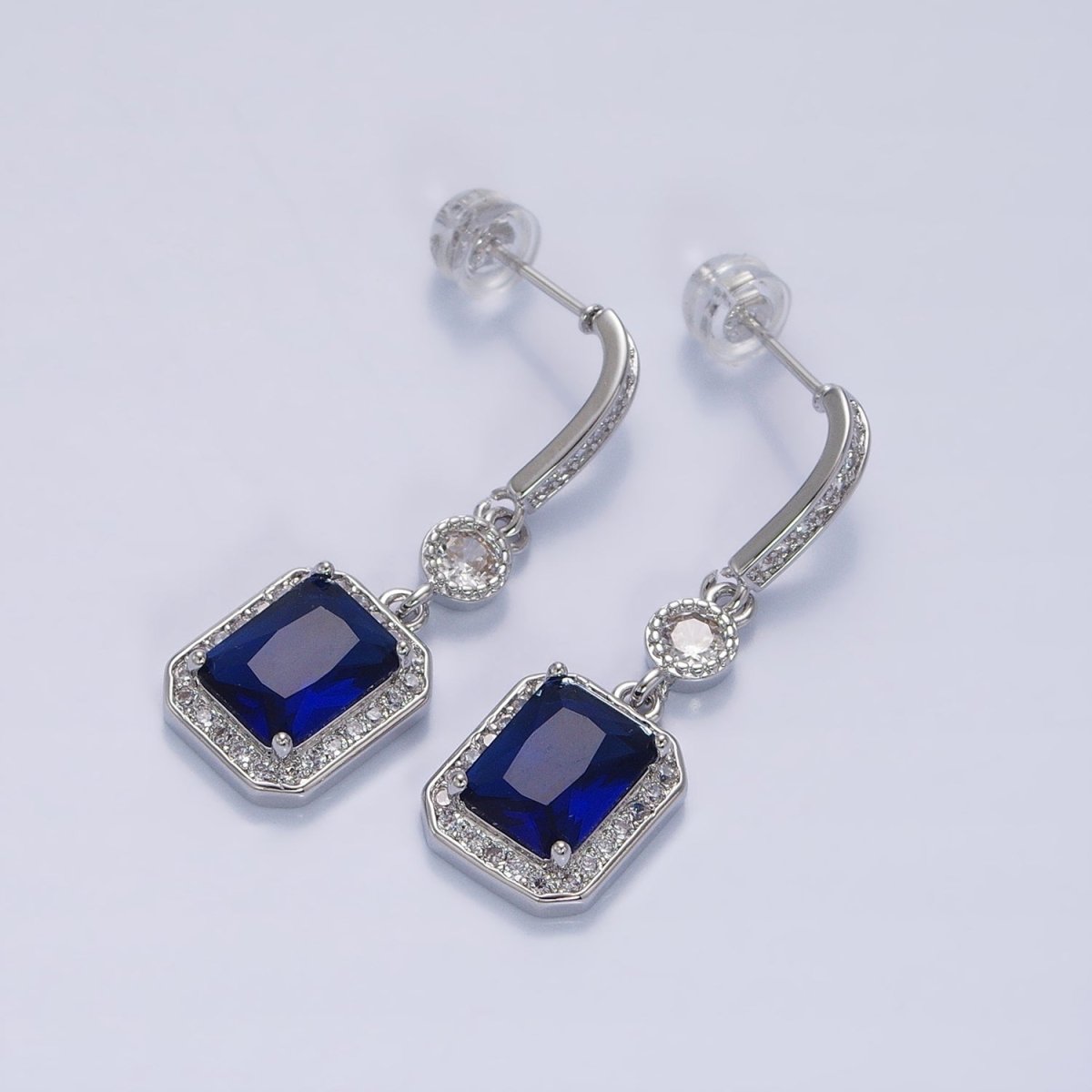 Silver, Gold Baguette Purple, Clear, Green, Red Blue Drop Dangle Micro Paved Bar Stud Earrings | AB987 - AB996 - DLUXCA