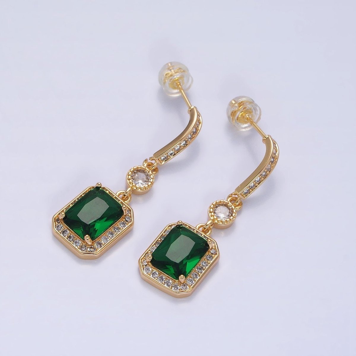 Silver, Gold Baguette Purple, Clear, Green, Red Blue Drop Dangle Micro Paved Bar Stud Earrings | AB987 - AB996 - DLUXCA