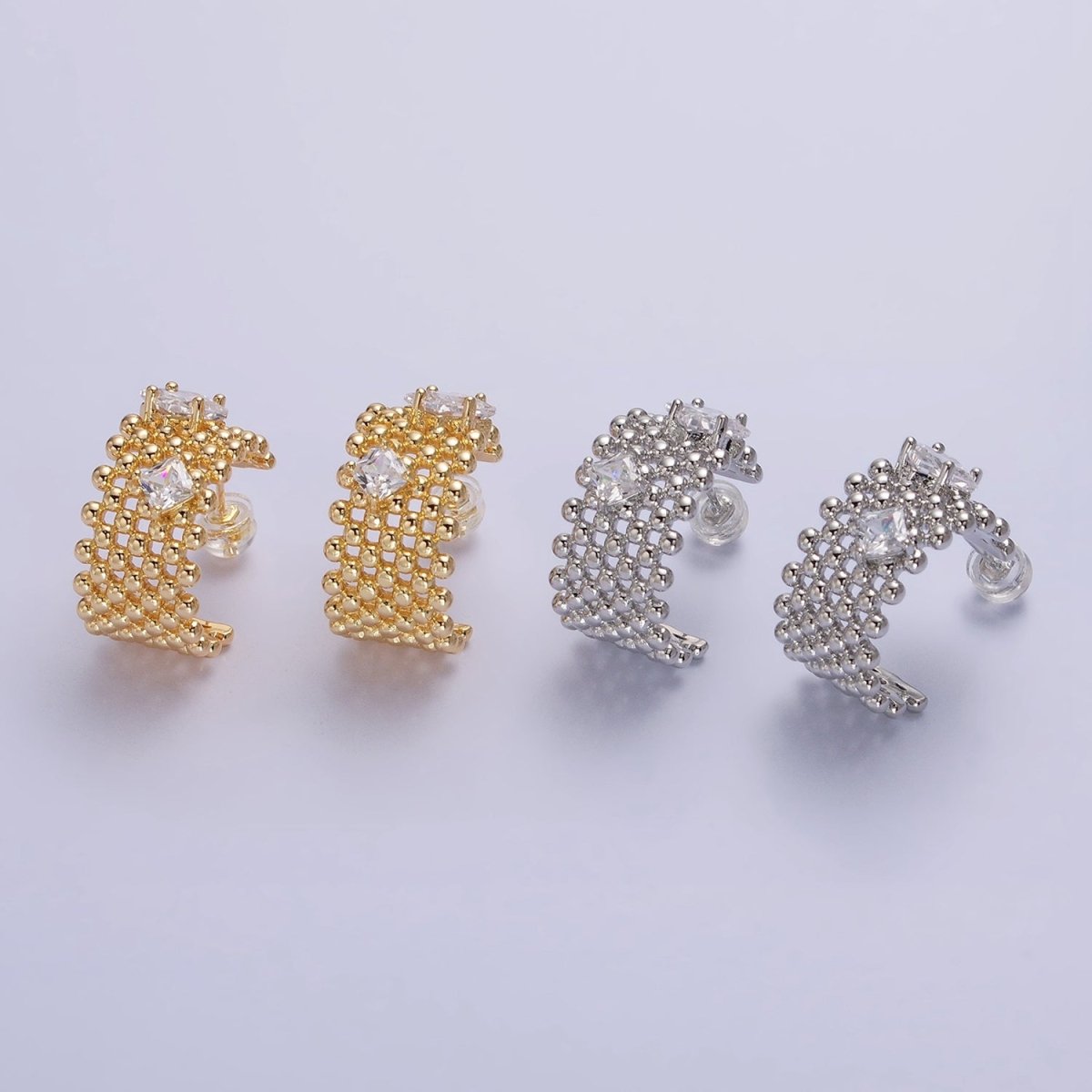 Silver, Gold Beaded Clear Rhombus CZ Wide C-Shaped Hoop Earrings | AB598 - DLUXCA