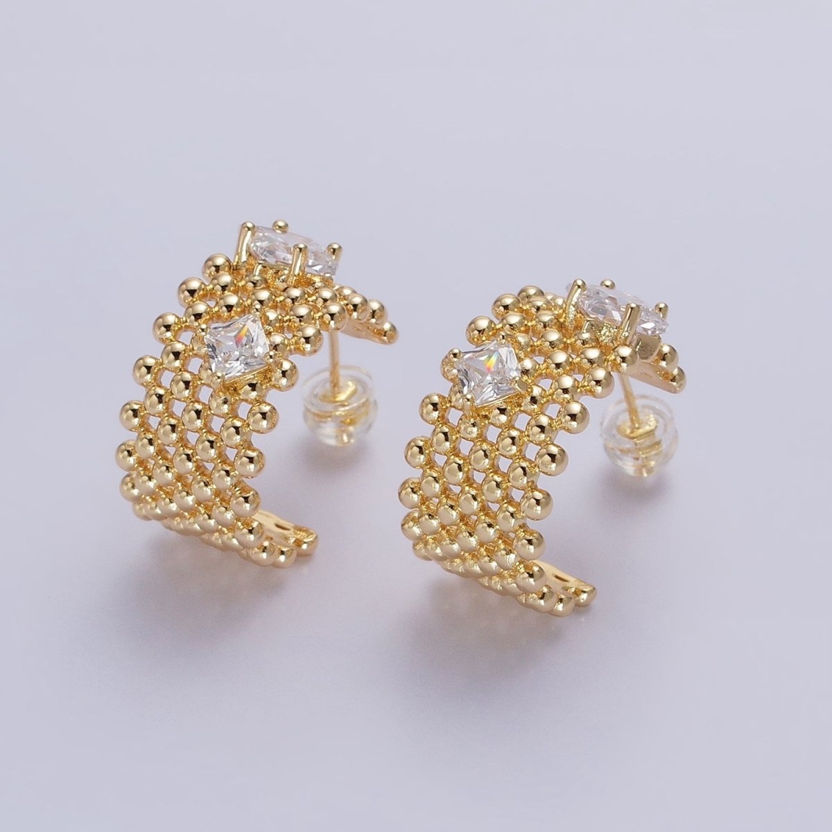 Silver, Gold Beaded Clear Rhombus CZ Wide C-Shaped Hoop Earrings | AB598 - DLUXCA