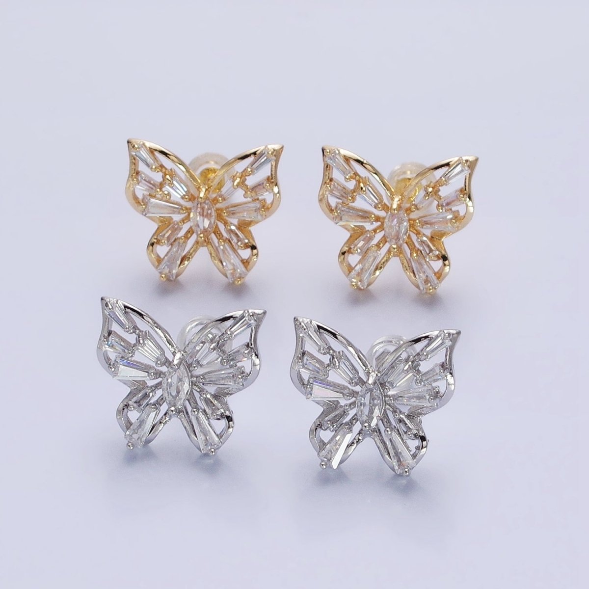 Silver, Gold Butterfly Mariposa Marquise Baguette CZ Stud Earrings | AB853 AB885 - DLUXCA