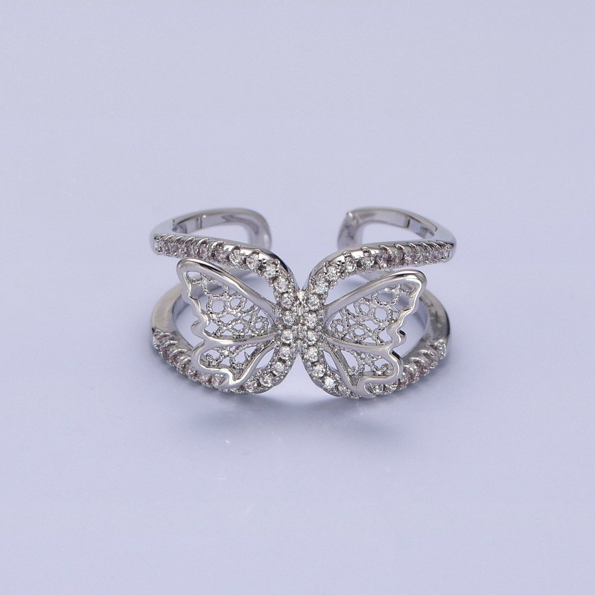 Silver, Gold Butterfly Mariposa Wings Micro Paved CZ Double Band Ring | O-1898 O-1899 - DLUXCA
