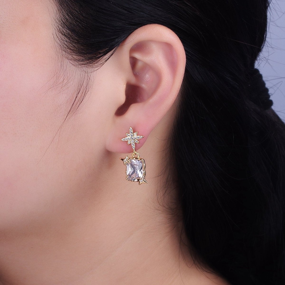 Silver, Gold Clear Baguette CZ Micro Paved Celestial North Star Stud Earrings | AB1090 AD788 - DLUXCA