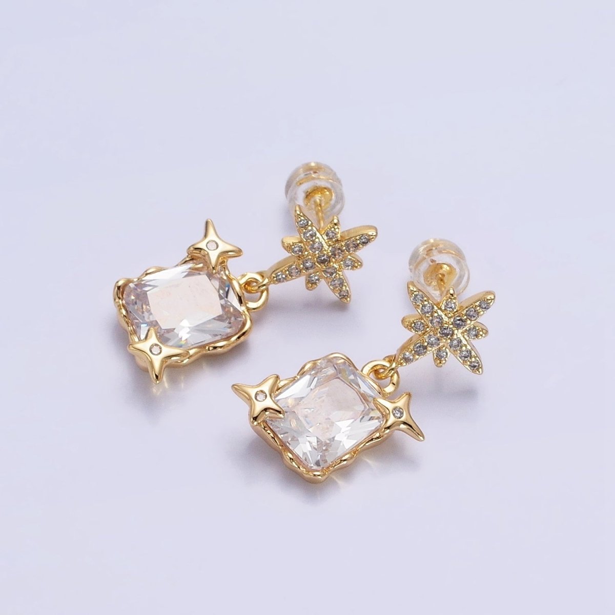 Silver, Gold Clear Baguette CZ Micro Paved Celestial North Star Stud Earrings | AB1090 AD788 - DLUXCA
