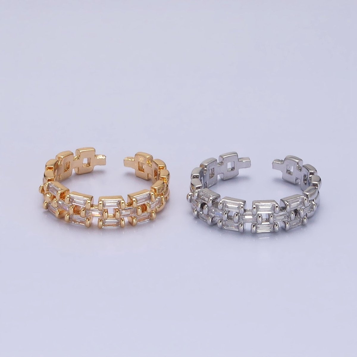 Silver, Gold Clear Baguette CZ Panther Chain Link Band Ring | O-1507 O-1508 - DLUXCA