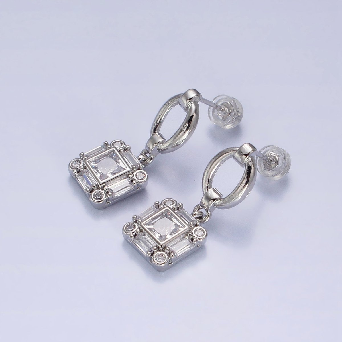 Silver, Gold Clear Square Baguette CZ Drop Dangle Oval Stud Earrings | AB569 AB571 - DLUXCA