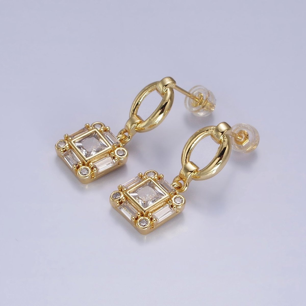 Silver, Gold Clear Square Baguette CZ Drop Dangle Oval Stud Earrings | AB569 AB571 - DLUXCA