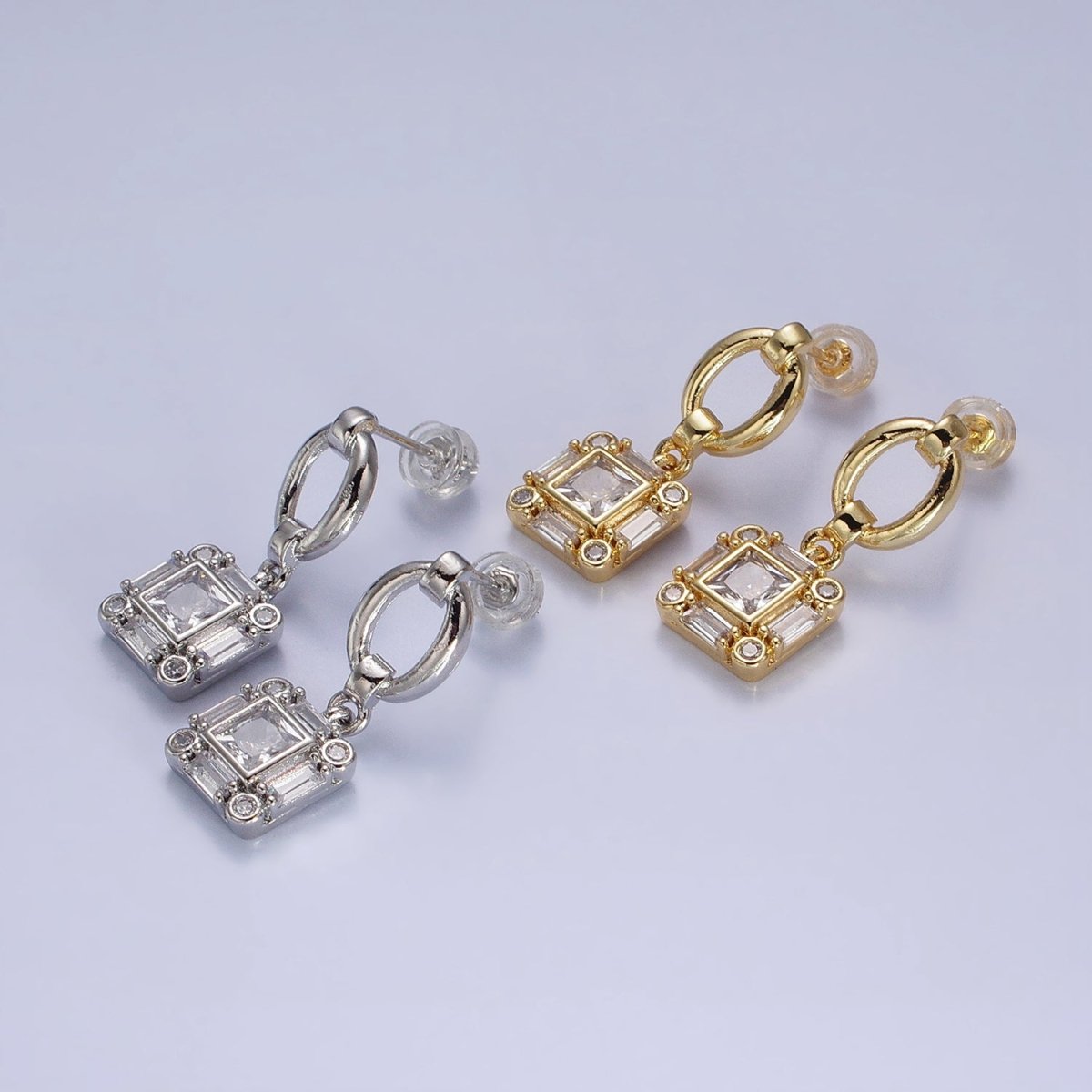 Silver, Gold Clear Square Baguette CZ Drop Dangle Oval Stud Earrings | AB569 AB571 - DLUXCA