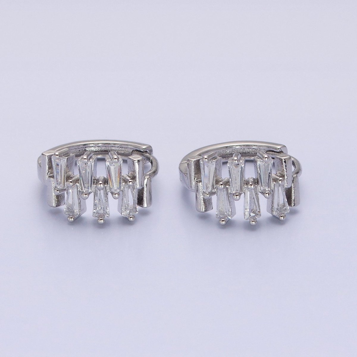 Silver, Gold Double Clear Baguette Lined 15mm Huggie Earrings | AB1091 AD789 - DLUXCA