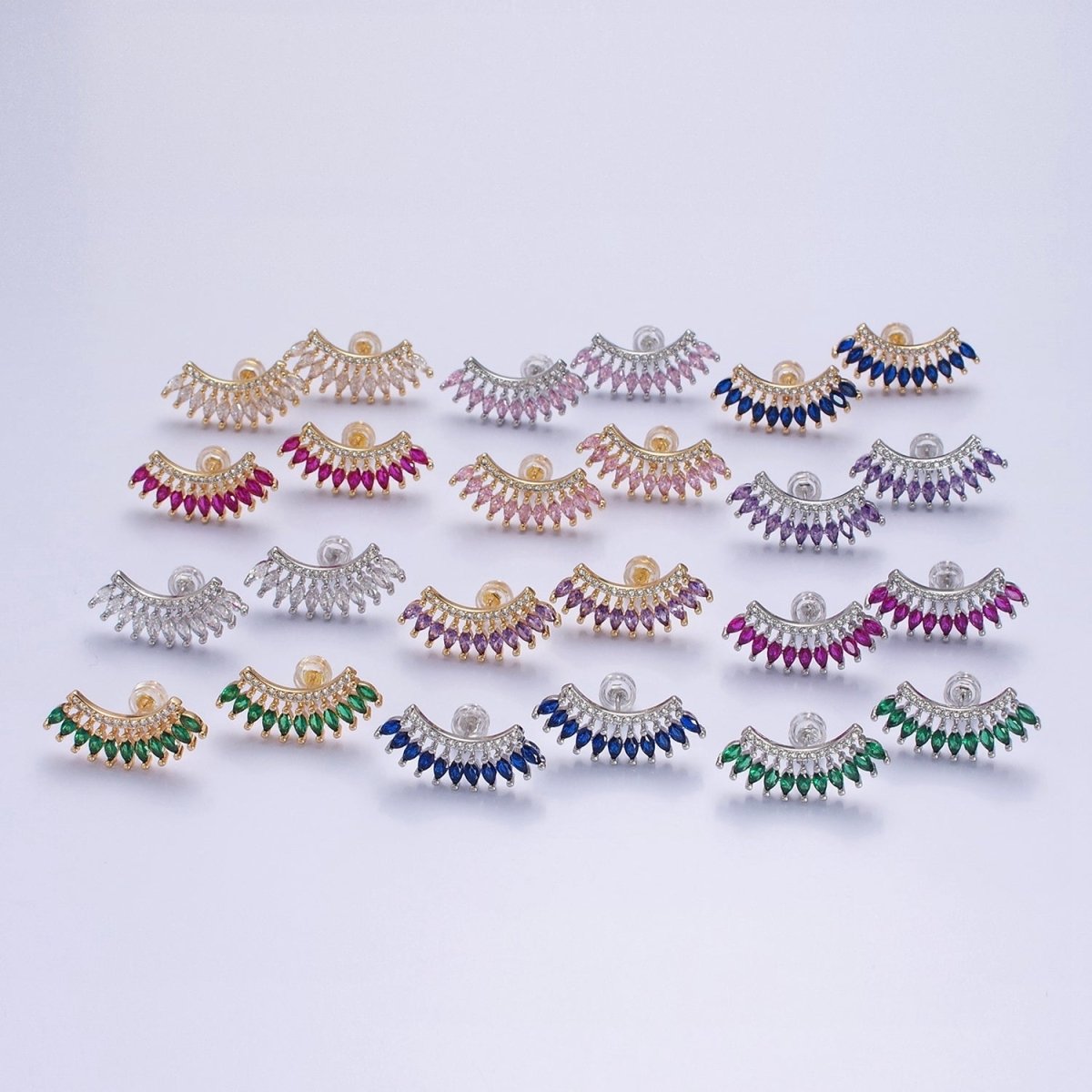 Silver, Gold Fan Lined Blue, Pink, Purple, Clear, Fuchsia, Green Marquise Stud Earrings | AB360 - AB371 - DLUXCA