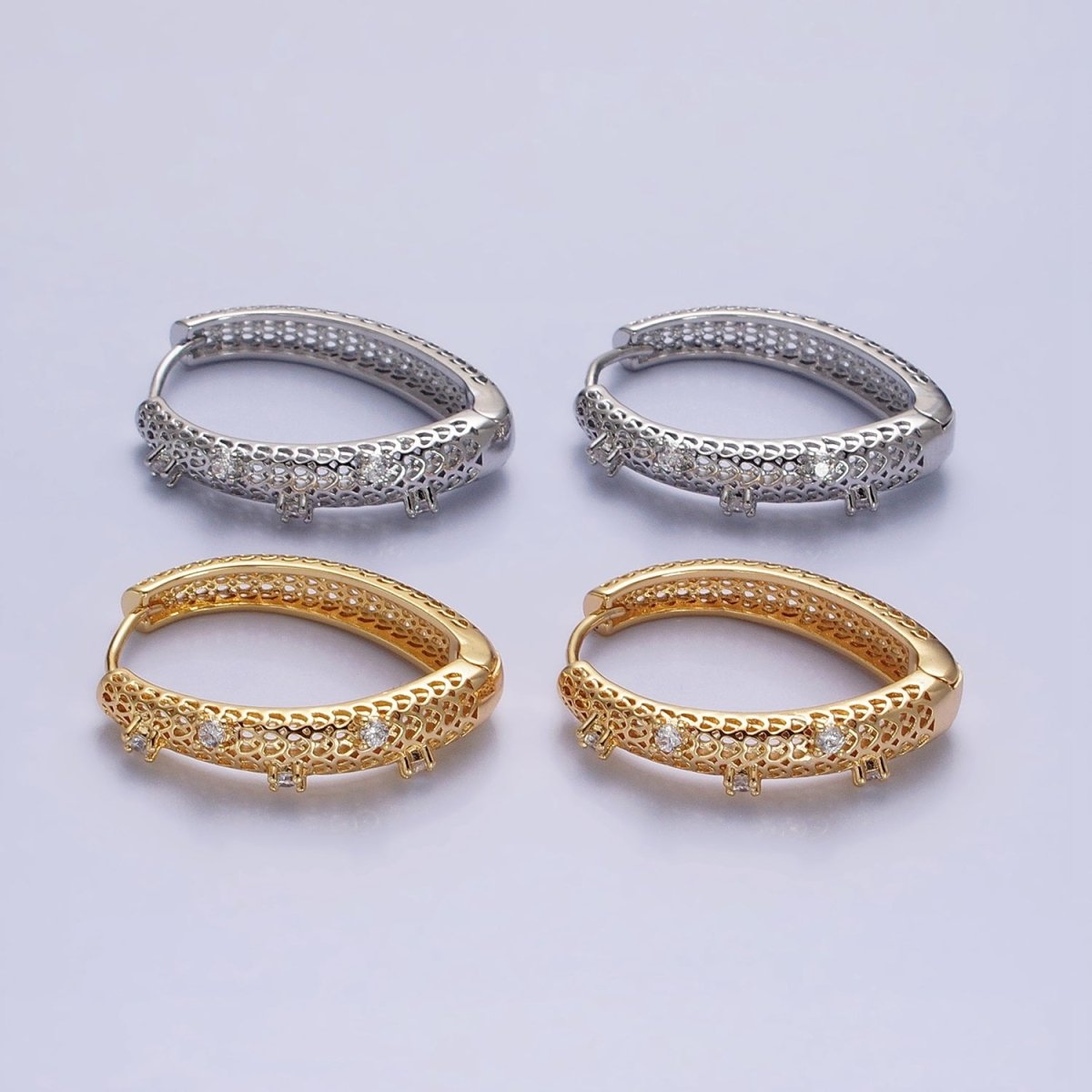 Silver, Gold Filigree CZ Dotted Geometric Triangle Hoop Earrings | AB894 AB929 - DLUXCA