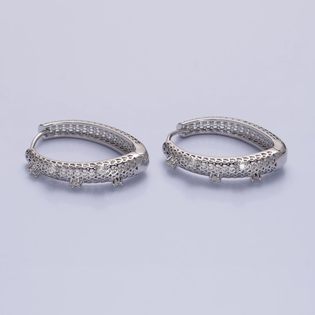 Silver, Gold Filigree CZ Dotted Geometric Triangle Hoop Earrings | AB894 AB929 - DLUXCA