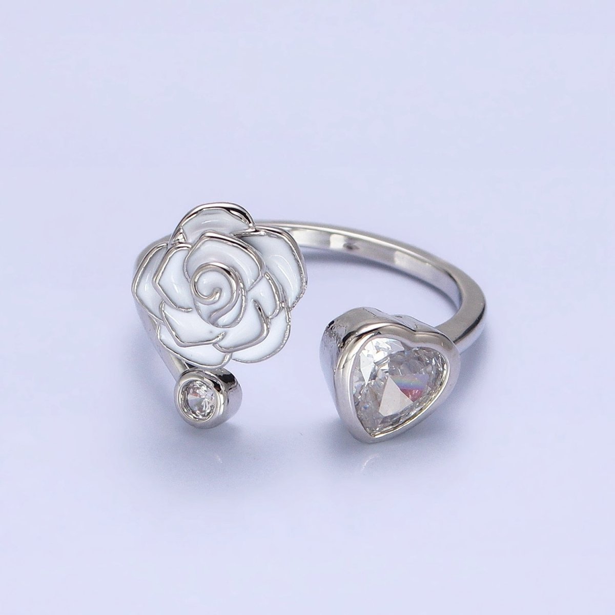 Silver, Gold Flower Rose White, Pink Enamel Clear CZ Open Ring | O-1884 O-1885 O-1886 O-1887 - DLUXCA