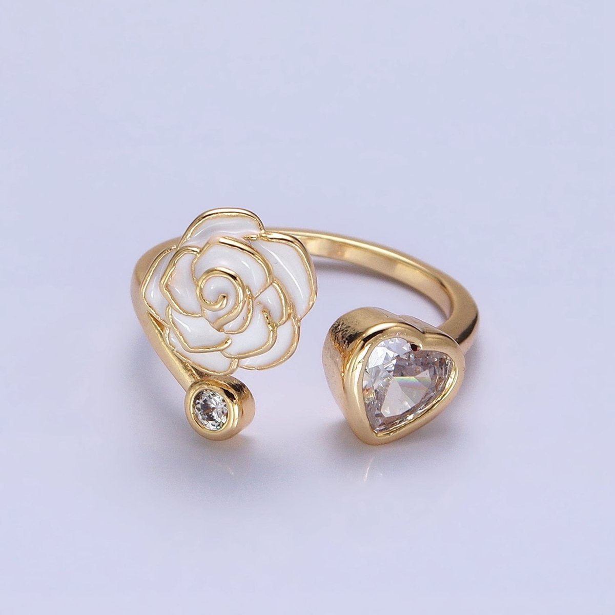 Silver, Gold Flower Rose White, Pink Enamel Clear CZ Open Ring | O-1884 O-1885 O-1886 O-1887 - DLUXCA