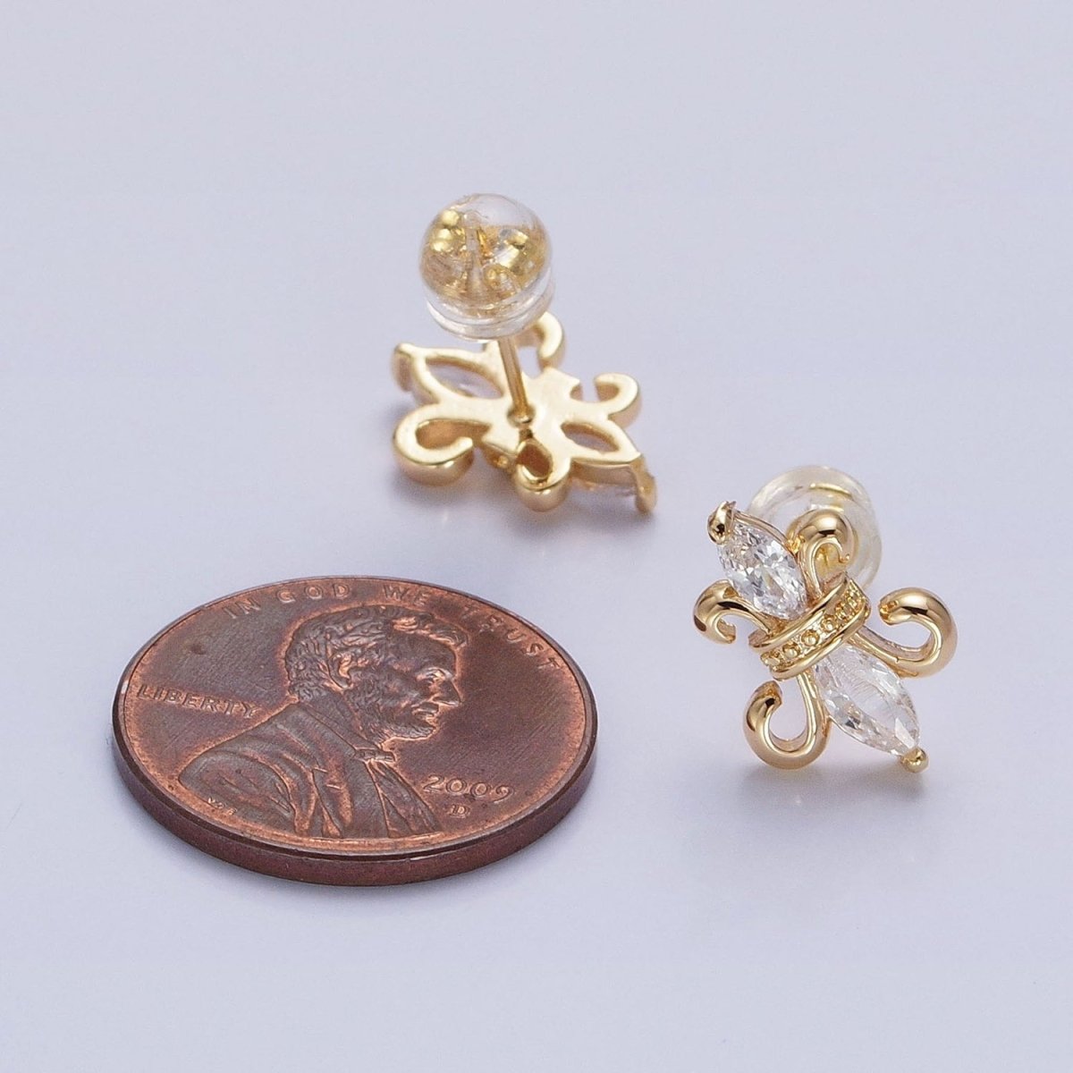 Silver, Gold French Fleur De Lis Double Clear Marquise CZ Stud Earrings | AB899 AB917 - DLUXCA