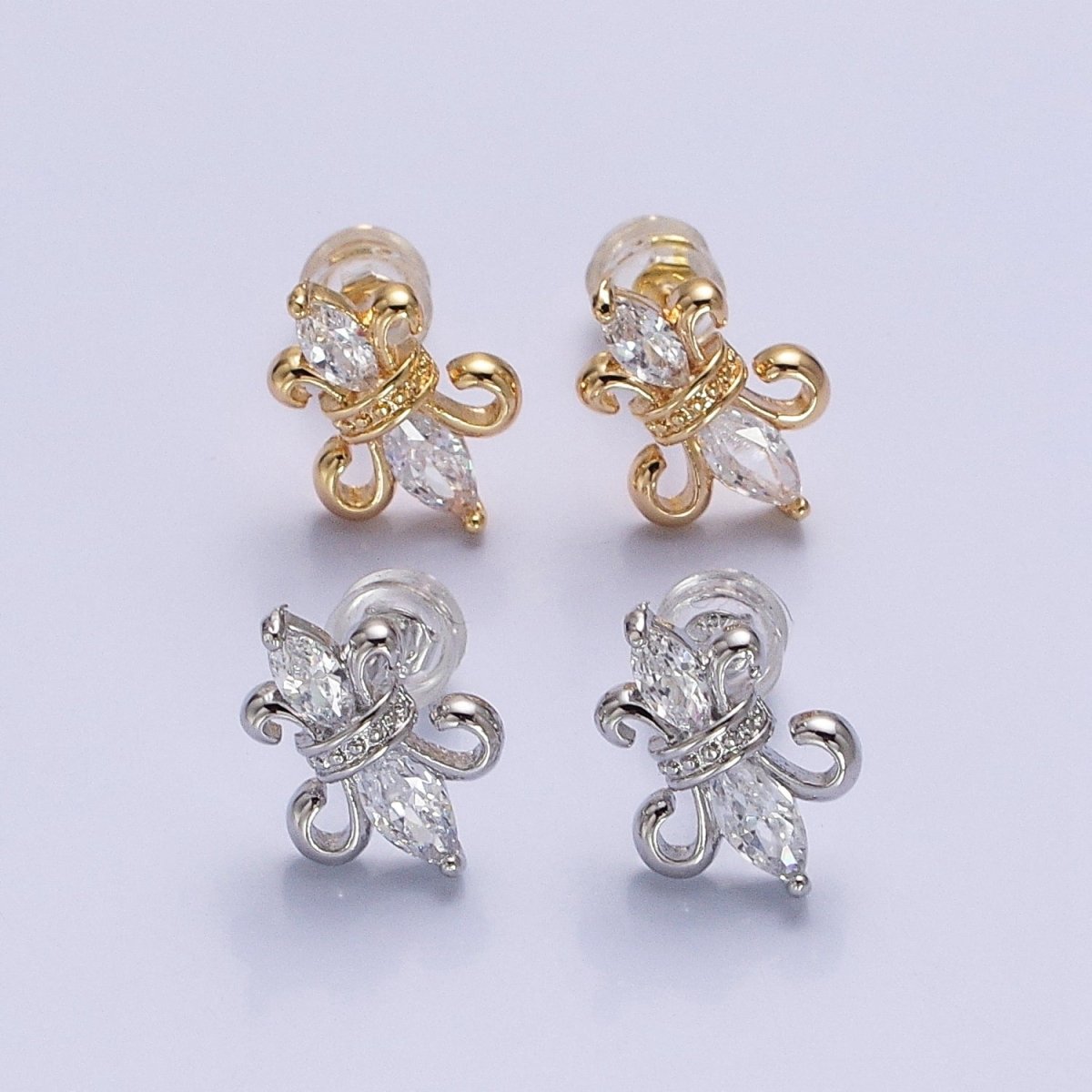 Silver, Gold French Fleur De Lis Double Clear Marquise CZ Stud Earrings | AB899 AB917 - DLUXCA