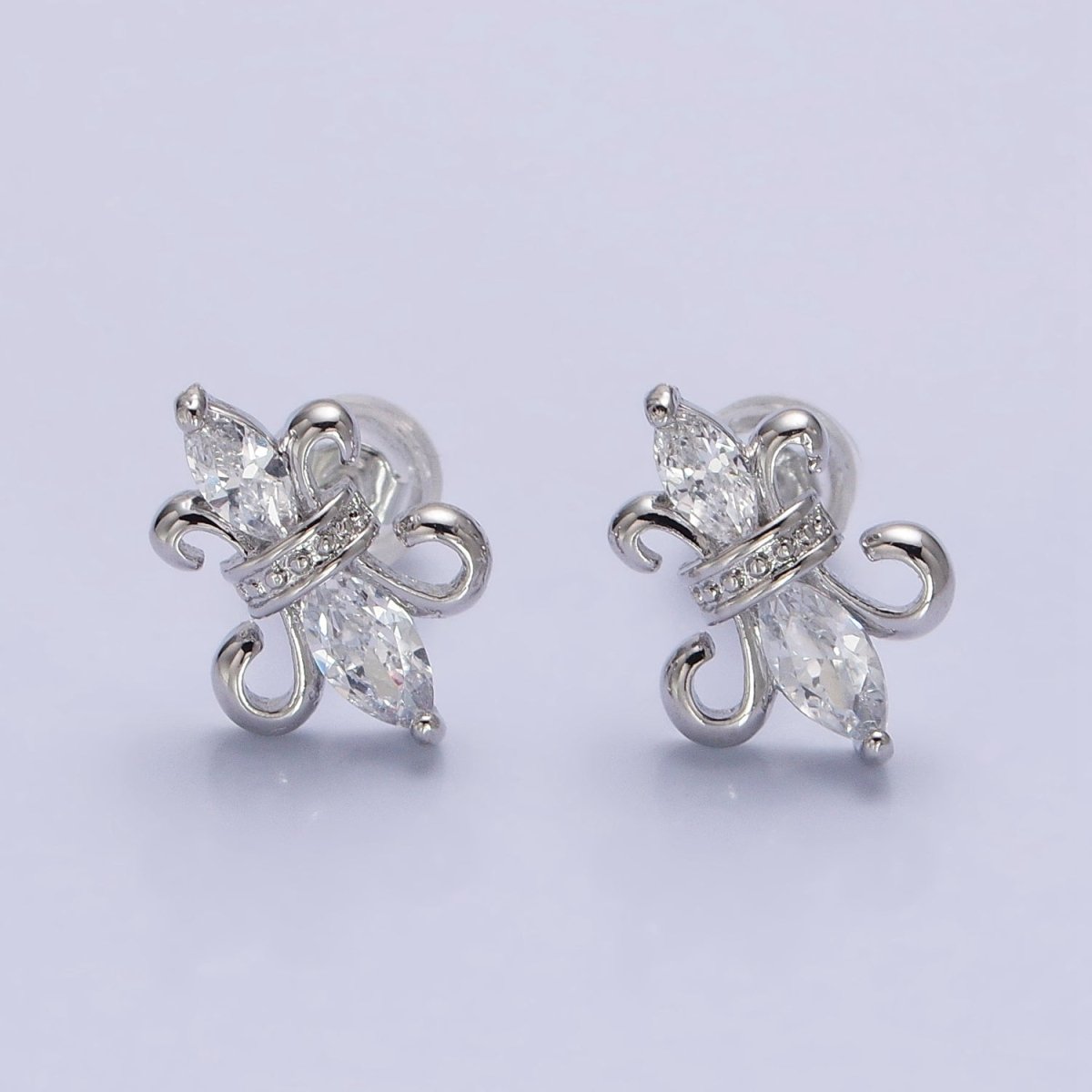 Silver, Gold French Fleur De Lis Double Clear Marquise CZ Stud Earrings | AB899 AB917 - DLUXCA