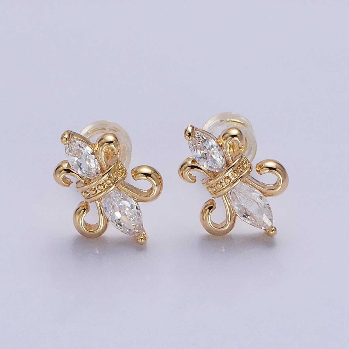 Silver, Gold French Fleur De Lis Double Clear Marquise CZ Stud Earrings | AB899 AB917 - DLUXCA