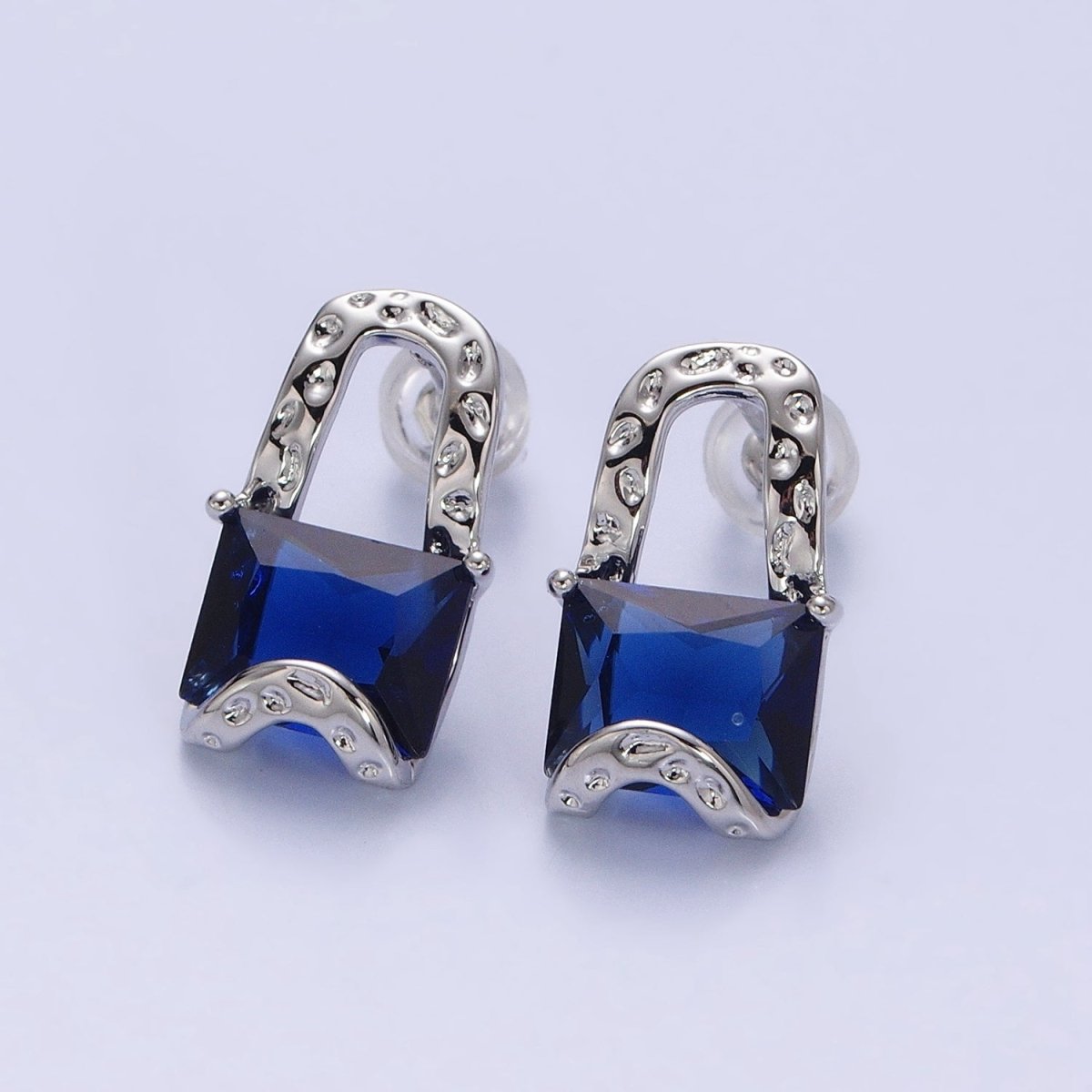 Silver, Gold Fuchsia, Blue, Purple, Clear, Green CZ Baguette Hammered Band Padlock Stud Earrings | AB977 - AB986 - DLUXCA