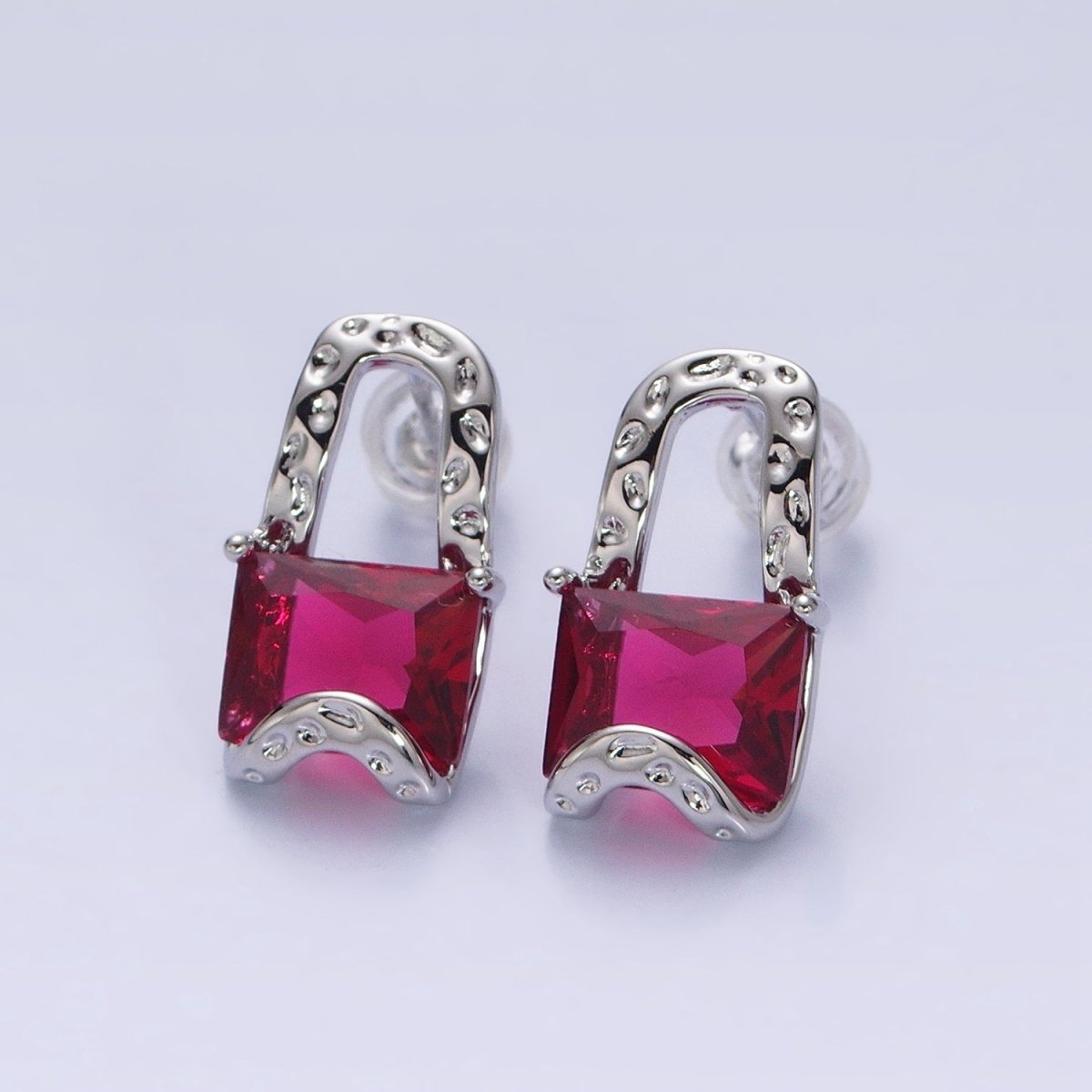 Silver, Gold Fuchsia, Blue, Purple, Clear, Green CZ Baguette Hammered Band Padlock Stud Earrings | AB977 - AB986 - DLUXCA