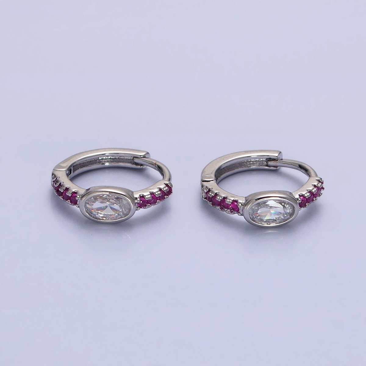 Silver, Gold Fuchsia Micro Paved Lined Clear Oval CZ 13mm Cartilage Huggie Earrings | AB814 AB826 - DLUXCA