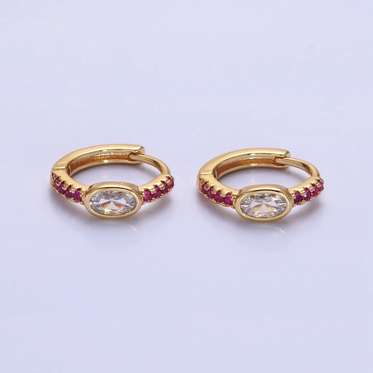 Silver, Gold Fuchsia Micro Paved Lined Clear Oval CZ 13mm Cartilage Huggie Earrings | AB814 AB826 - DLUXCA