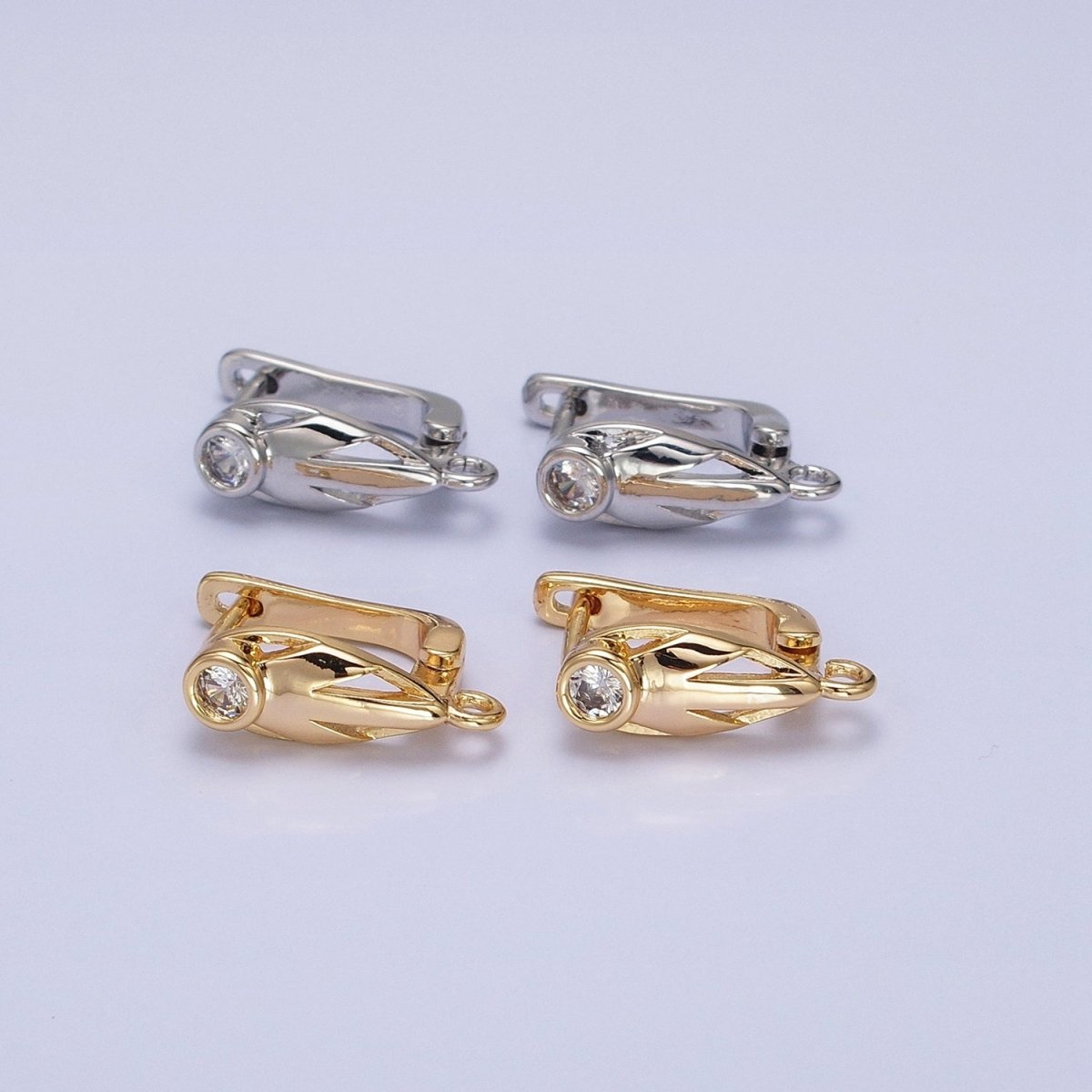 Silver, Gold Geometric Leaf Clear CZ Open Loop English Lock Earring Supply | Z-202 Z-214 - DLUXCA