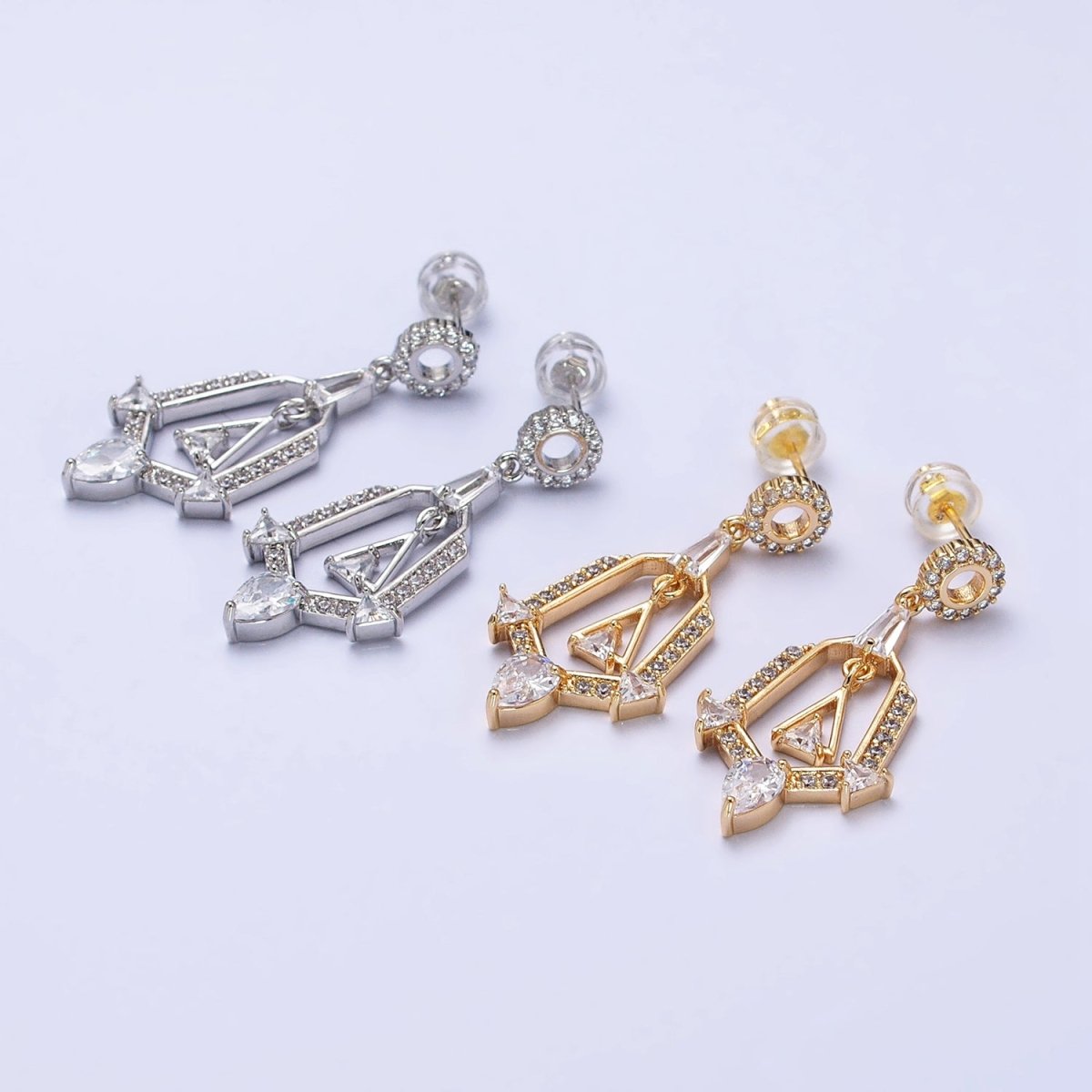 Silver, Gold Geometric Micro Paved Triangle CZ Dangle Drop Stud Earrings | AB562 AB565 - DLUXCA