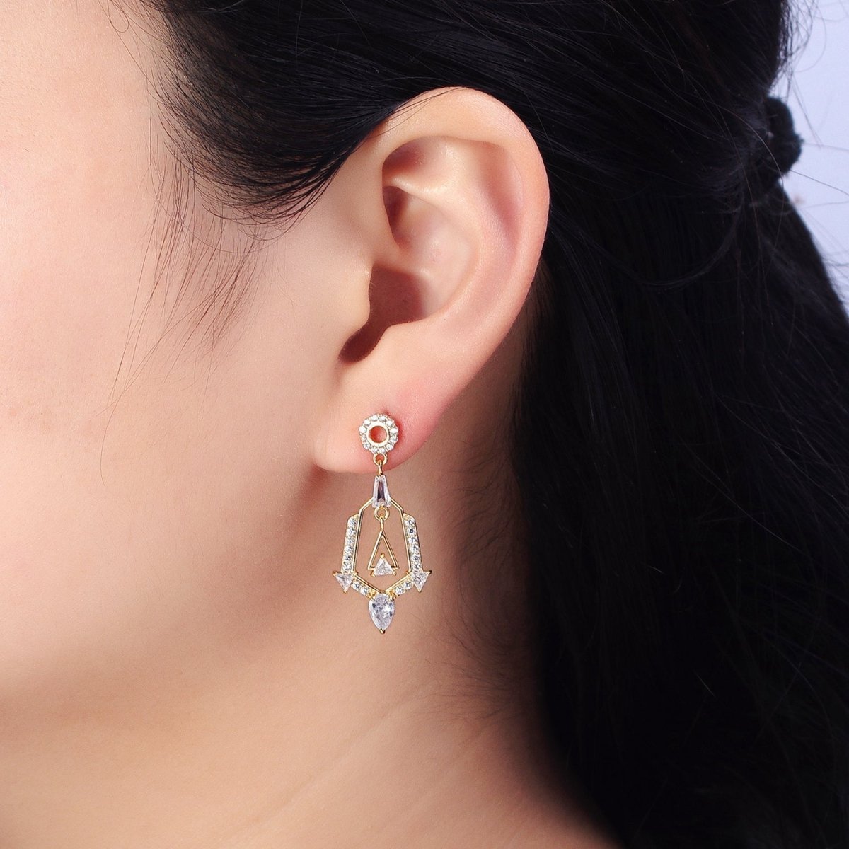 Silver, Gold Geometric Micro Paved Triangle CZ Dangle Drop Stud Earrings | AB562 AB565 - DLUXCA