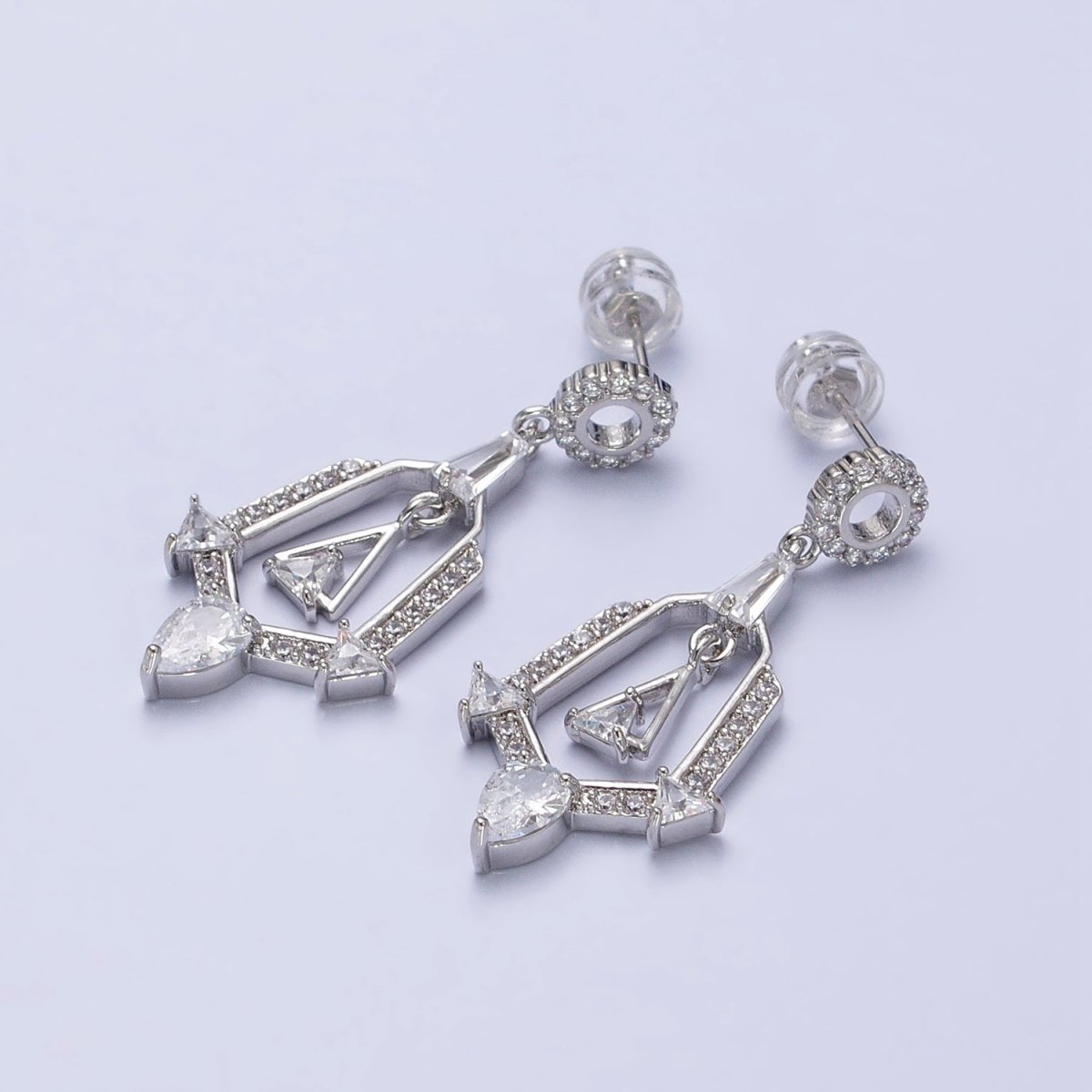 Silver, Gold Geometric Micro Paved Triangle CZ Dangle Drop Stud Earrings | AB562 AB565 - DLUXCA