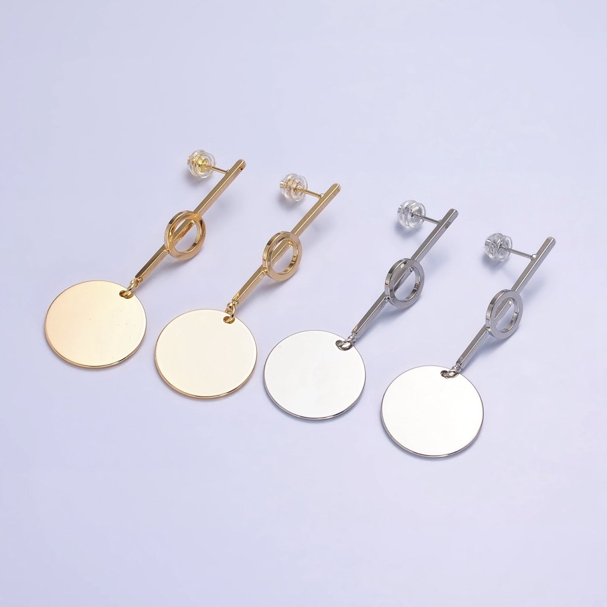 Silver, Gold Geometric Round Coin Drop Dangle Circle Linear 57.5mm Stud Earrings | AB967 AB975 - DLUXCA