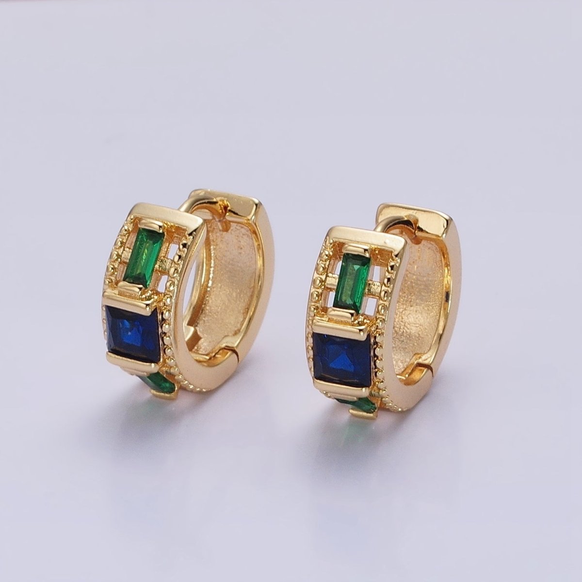 Silver, Gold Green Baguette Blue Square CZ Lined Wide 13.5mm Huggie Earrings | AB804 AB822 - DLUXCA