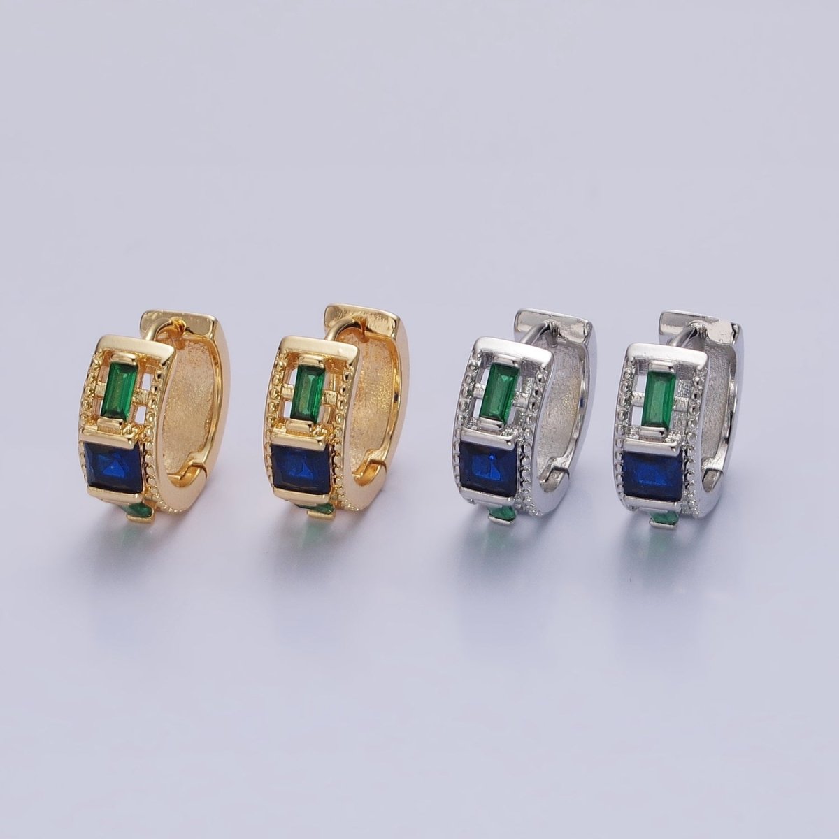 Silver, Gold Green Baguette Blue Square CZ Lined Wide 13.5mm Huggie Earrings | AB804 AB822 - DLUXCA