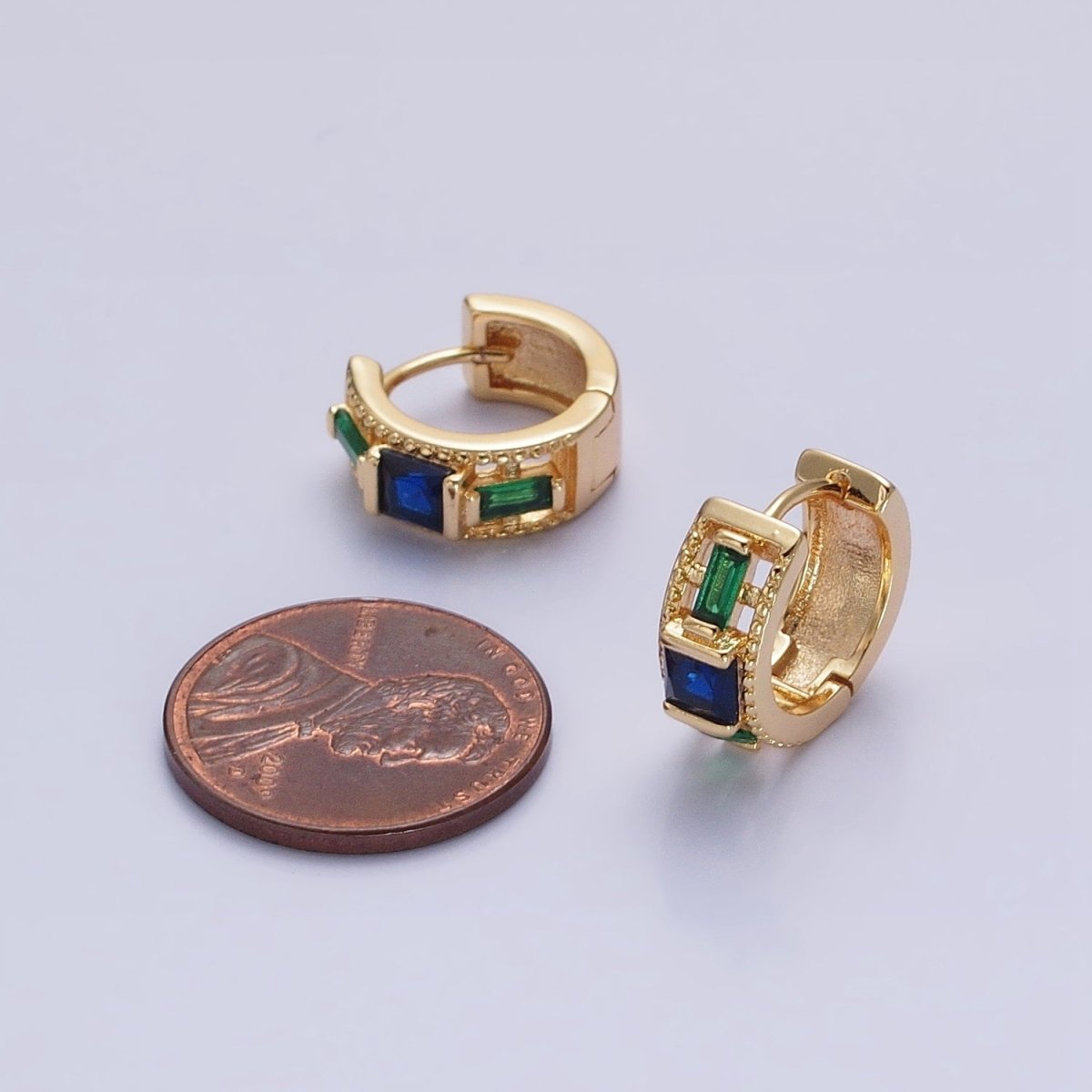 Silver, Gold Green Baguette Blue Square CZ Lined Wide 13.5mm Huggie Earrings | AB804 AB822 - DLUXCA