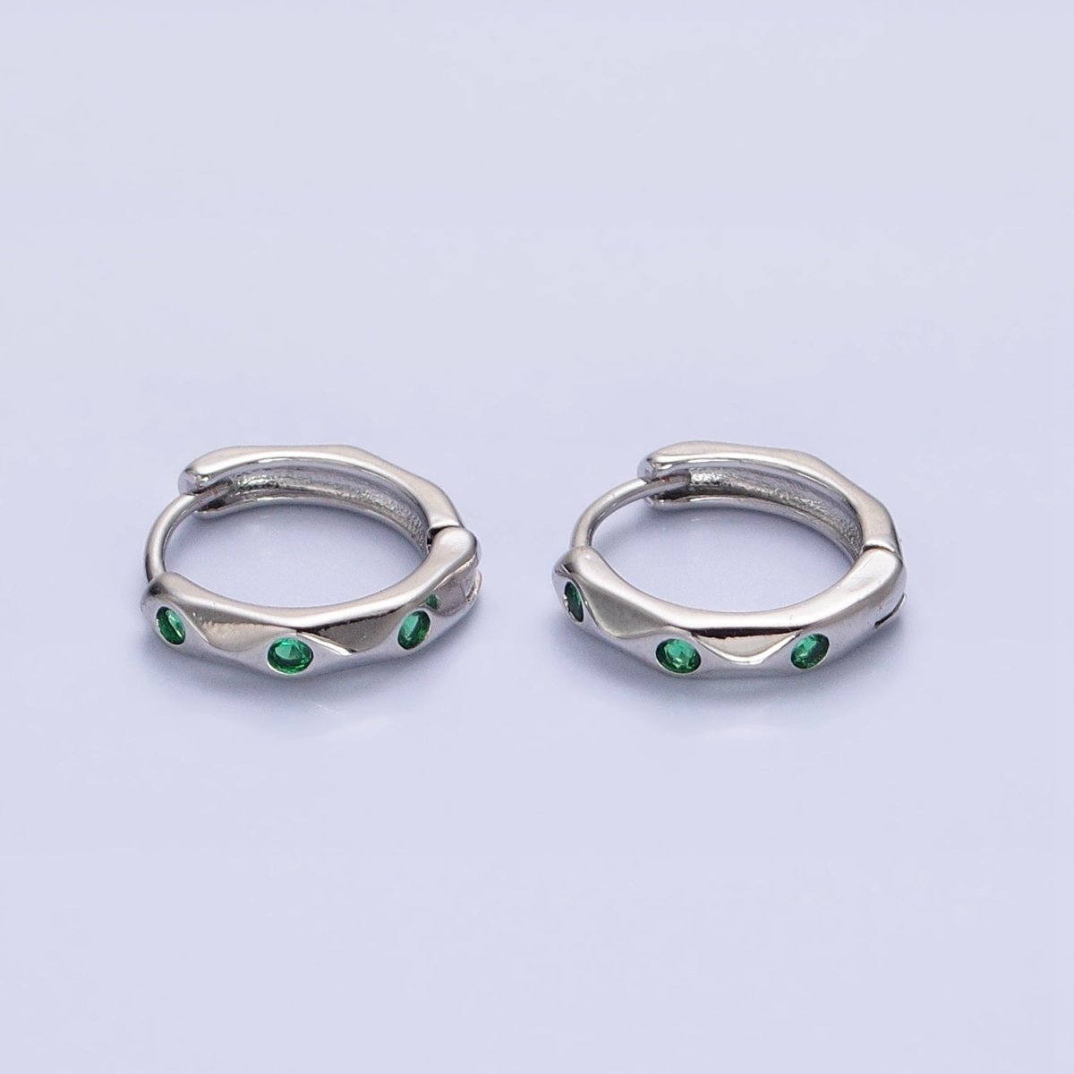 Silver, Gold Green CZ Dotted Geometric Dented 12mm Huggie Earrings in Silver & Gold | AB900 AB911 - DLUXCA