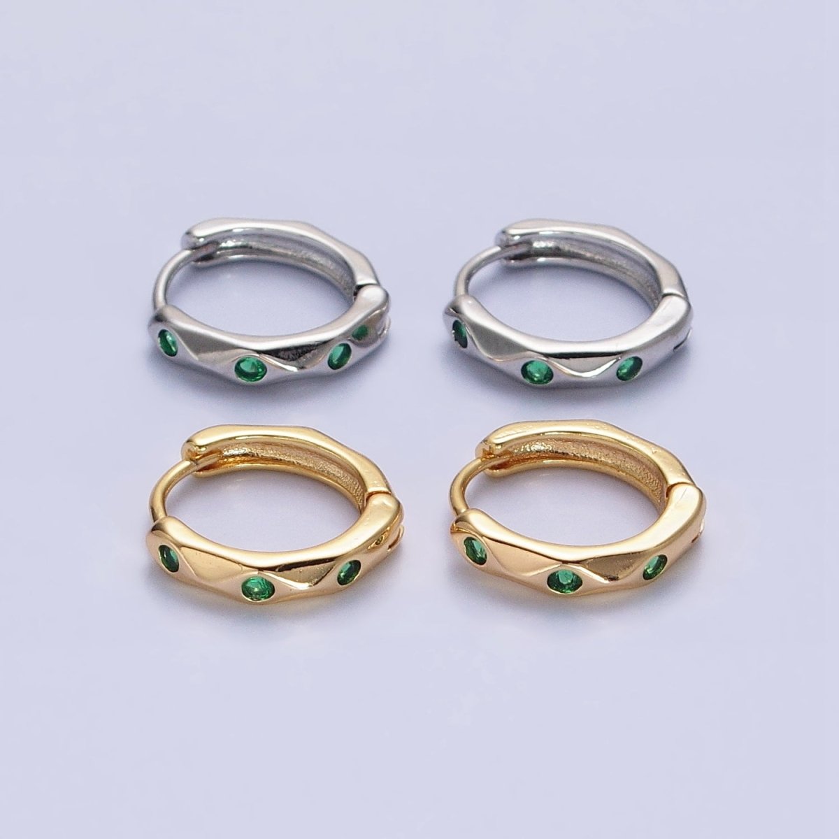 Silver, Gold Green CZ Dotted Geometric Dented 12mm Huggie Earrings in Silver & Gold | AB900 AB911 - DLUXCA