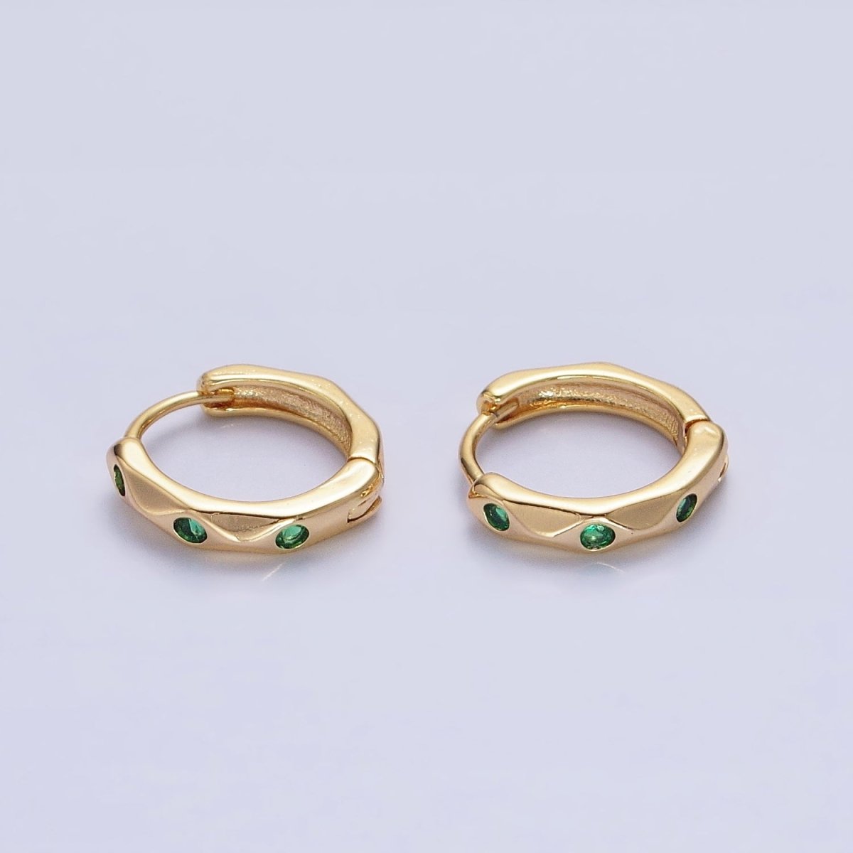 Silver, Gold Green CZ Dotted Geometric Dented 12mm Huggie Earrings in Silver & Gold | AB900 AB911 - DLUXCA