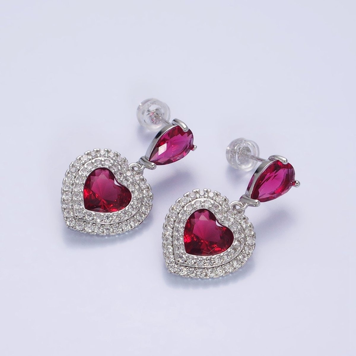 Silver, Gold Heart Teardrop Blue, Purple, Green, Red, Pink, Clear Drop Stud Earrings | AB997 - AB1008 - DLUXCA