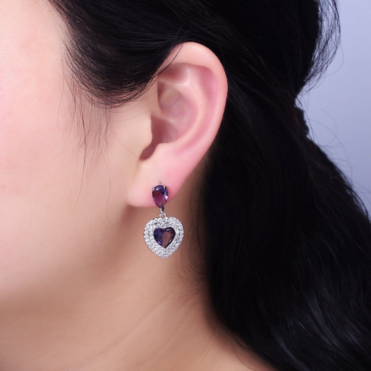 Silver, Gold Heart Teardrop Blue, Purple, Green, Red, Pink, Clear Drop Stud Earrings | AB997 - AB1008 - DLUXCA