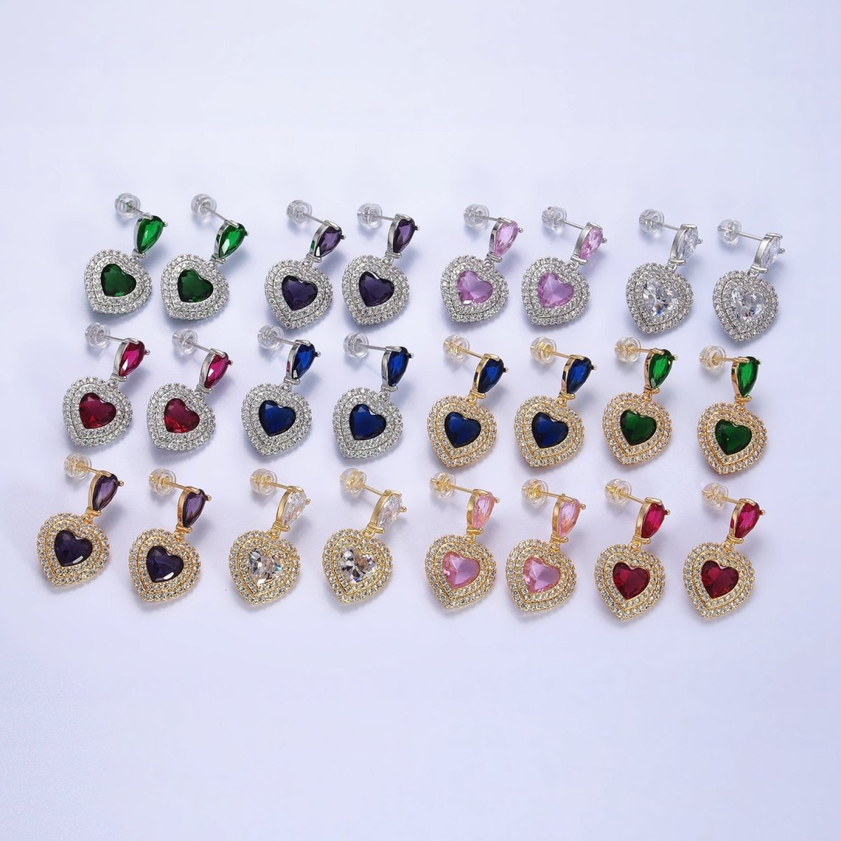 Silver, Gold Heart Teardrop Blue, Purple, Green, Red, Pink, Clear Drop Stud Earrings | AB997 - AB1008 - DLUXCA