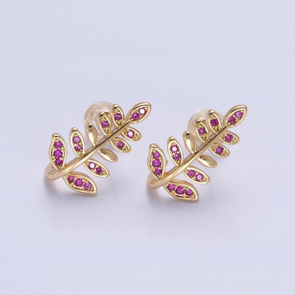 Silver, Gold Long Majesty Palm Leaf Fuchsia, Clear, Green, Blue, Pink, Purple Micro Paved Stud Earring | AB872 - AB223 - DLUXCA