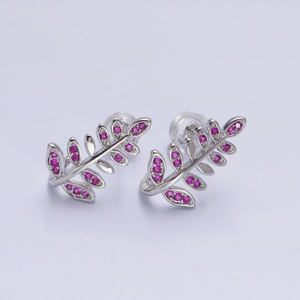 Silver, Gold Long Majesty Palm Leaf Fuchsia, Clear, Green, Blue, Pink, Purple Micro Paved Stud Earring | AB872 - AB223 - DLUXCA