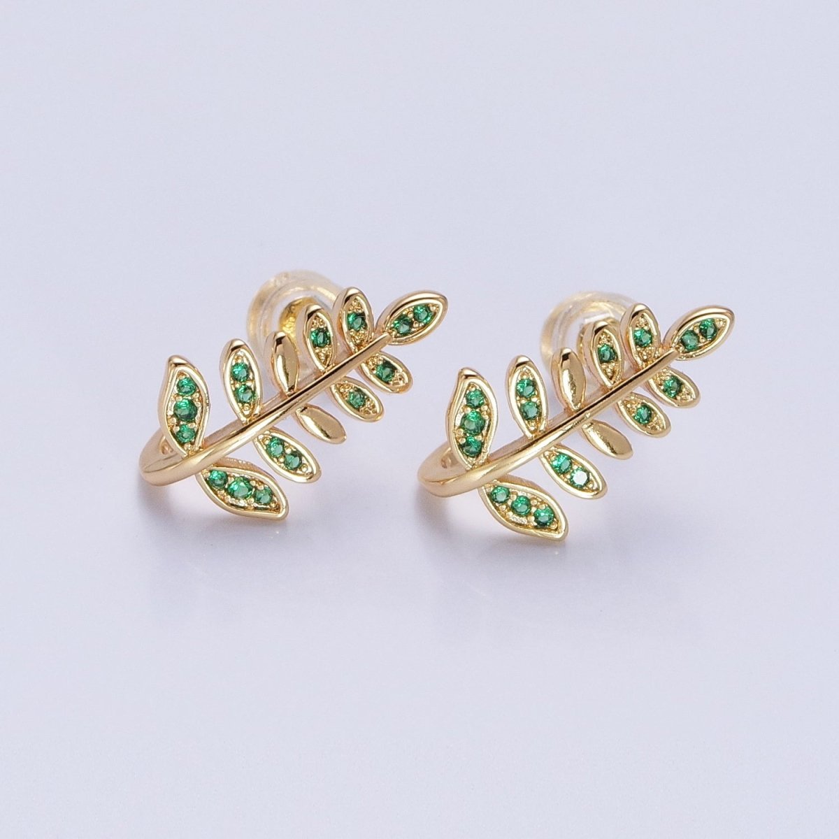 Silver, Gold Long Majesty Palm Leaf Fuchsia, Clear, Green, Blue, Pink, Purple Micro Paved Stud Earring | AB872 - AB223 - DLUXCA